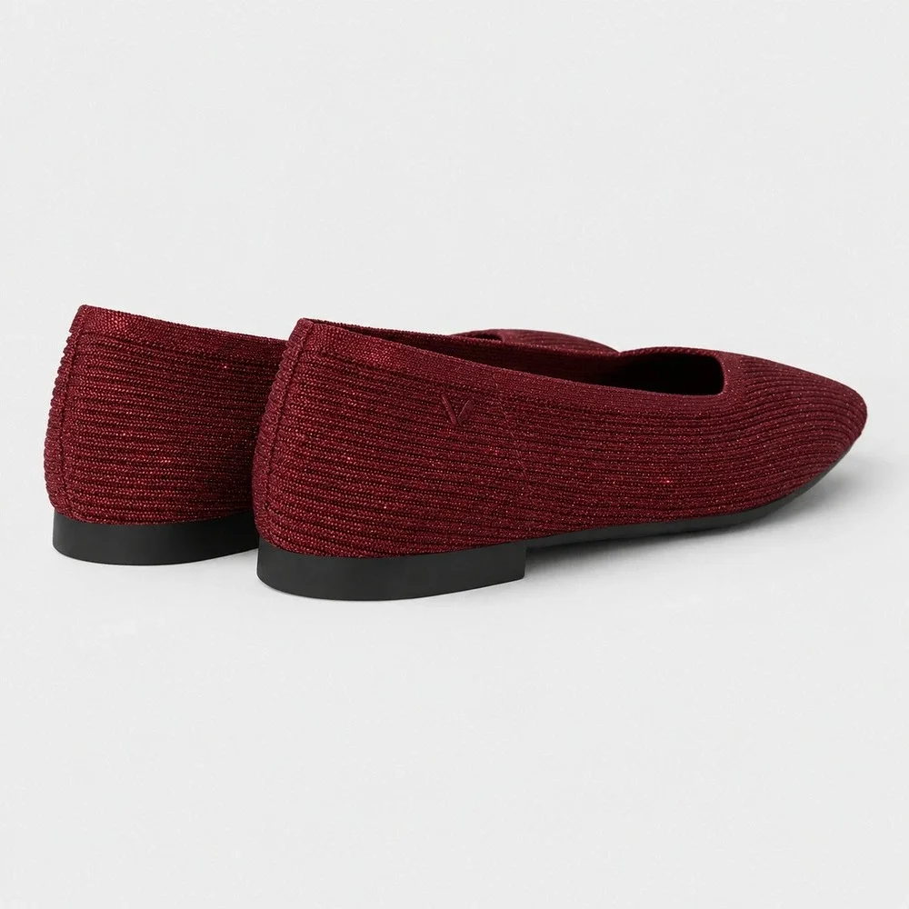 Vivaia Margot 2.0 Sparkle Burgundy Square Toe Knit Flats EU 39 Us 8